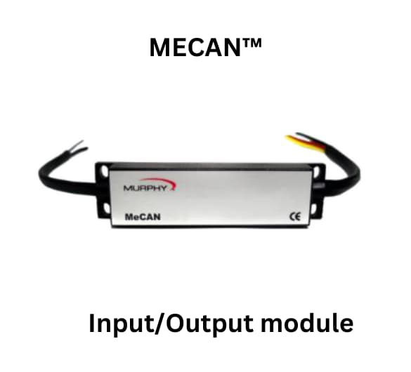 A white box displaying the text mecan input / output module prominently on its surface